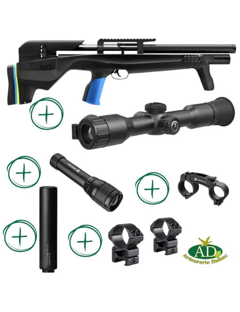 Pack PCP Stoeger XM1 Bullpup cal.5.5mm 42J + Hikmicro Alpex lite + lampe infrarouge + modérateur de son + montage-réglage offert