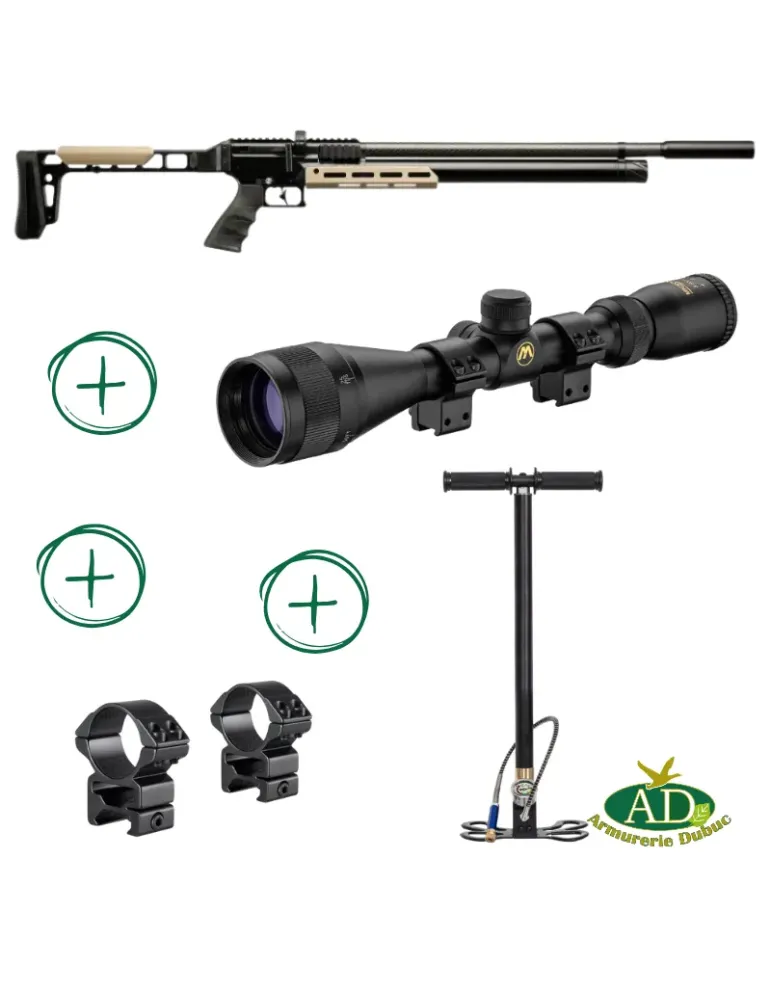 Pack Carabine PCP Snowpeak AP1000 Mercury cal.5.5mm 38J + pompe + lunette Microdot First 3-9x40 + montage-réglage offert