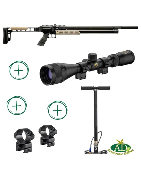 Pack Carabine PCP Snowpeak AP1000 Mercury cal.5.5mm 38J + pompe + lunette Microdot First 3-9x40 + montage-réglage offert