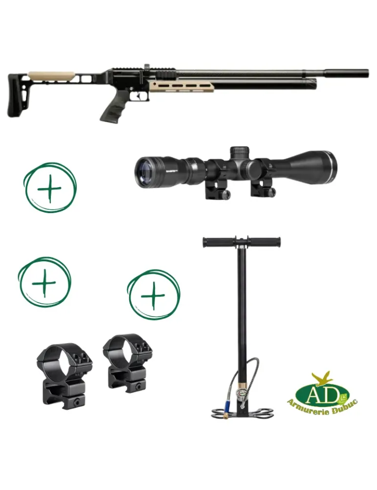 Pack Carabine PCP Snowpeak AP1000 Mercury cal.5.5mm 38J + pompe + lunette Sabre X3 3-9x40 HMD + montage-réglage offert