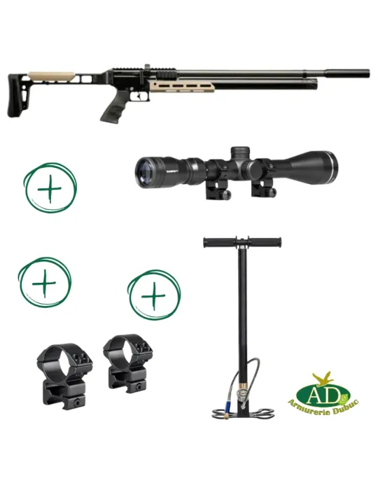 Pack Carabine PCP Snowpeak AP1000 Mercury cal.5.5mm 38J + pompe + lunette Sabre X3 3-9x40 HMD + montage-réglage offert