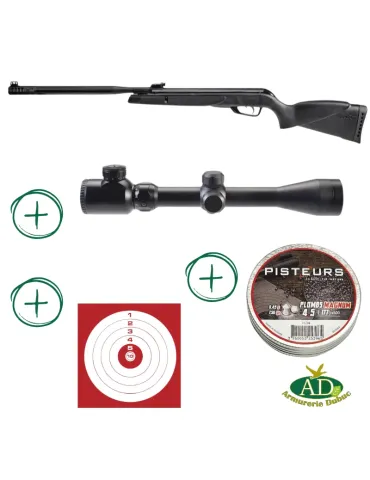 Pack carabine air comprimé Gamo Black 1000 Maxxim cal.4.5mm 19.9J + lunette + plombs + cible