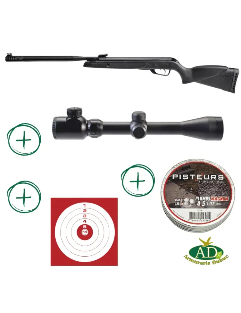 Pack carabine air comprimé Gamo Black 1000 Maxxim cal.4.5mm 19.9J + lunette Le Lynx3-9x40+ plombs + cible