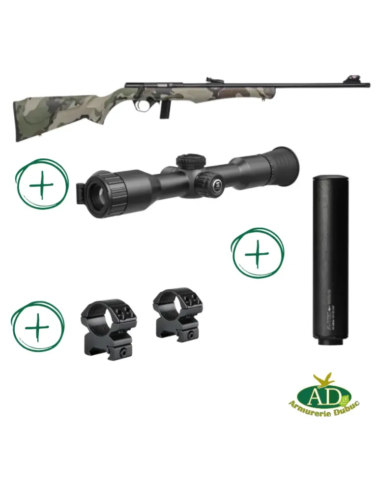 Pack carabine à verrou Rossi 8122 camo cal.22LR + lunette nocturne Hikmicro Alpex Lite + modérateur de son A-TEC Wave