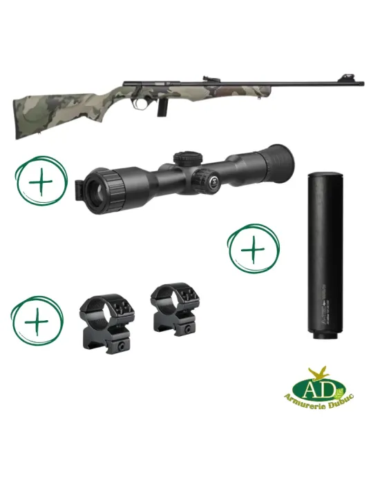 Pack carabine à verrou Rossi 8122 camo cal.22LR + lunette nocturne Hikmicro Alpex Lite + modérateur de son A-TEC Wave